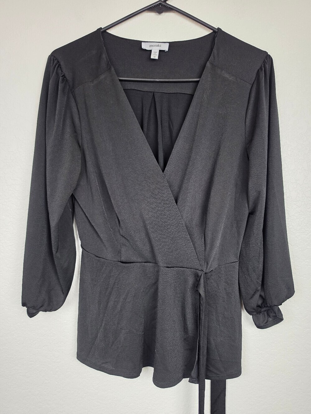 Meraki Black Long Sleeve Wrap Blouse with Tie Waist Medium